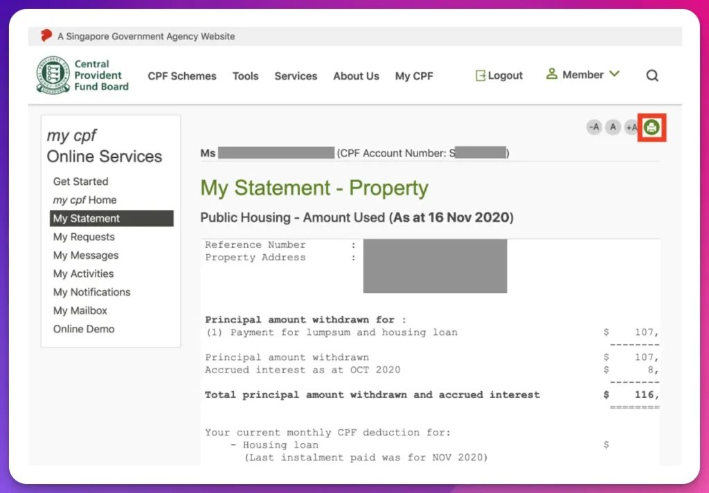 CPF property withdrawal statement for Home Loan Documents Required