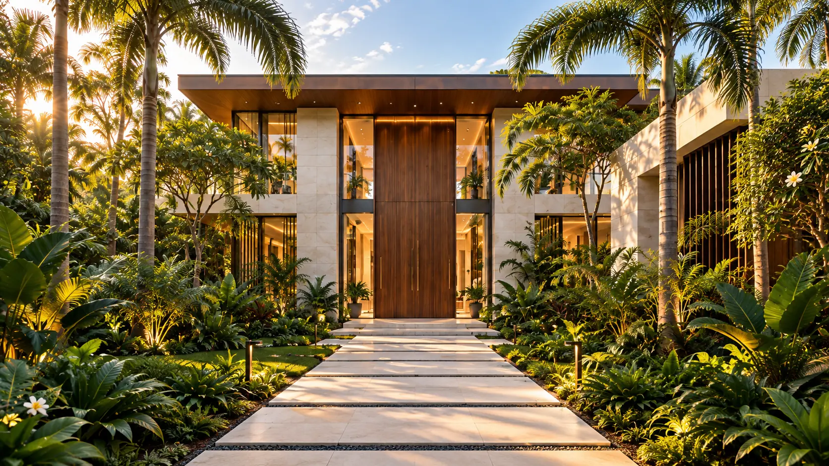 Illustrative tropical residence with a walnut entrance and pale stone façade