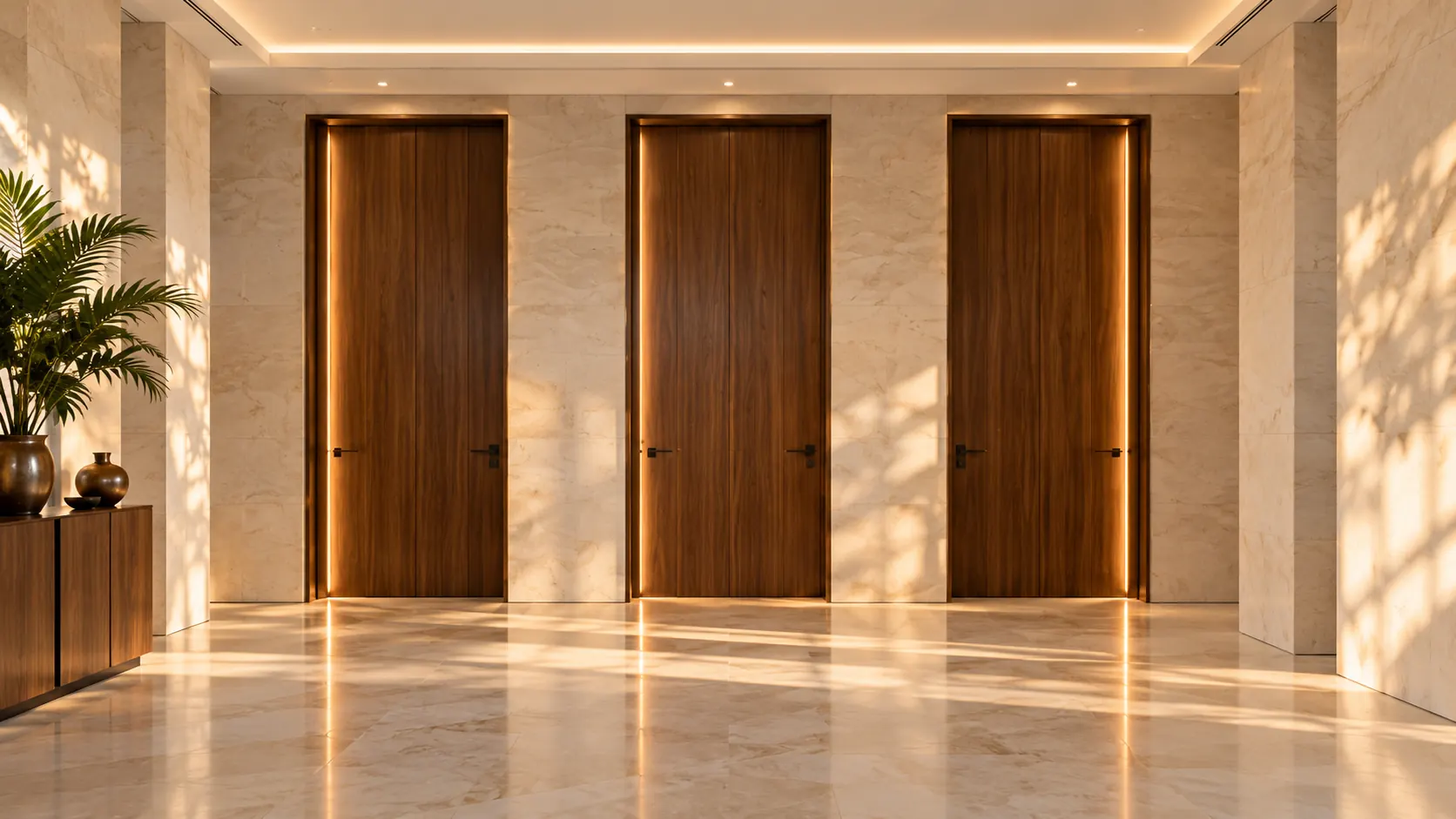An illustrative entrance hallway with three walnut doors