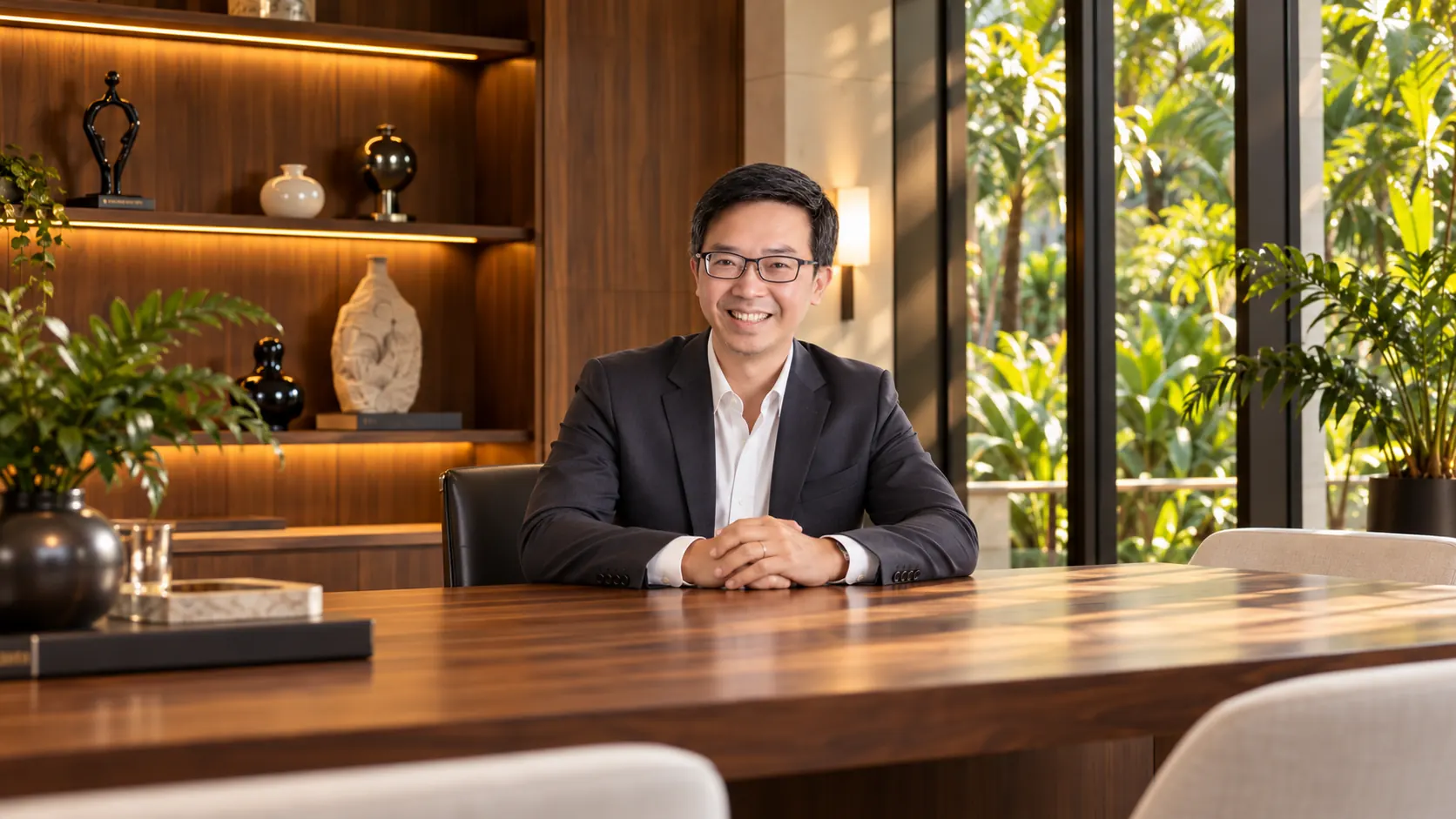 AI-composited portrait of Jim Tan in an illustrative luxury meeting room
